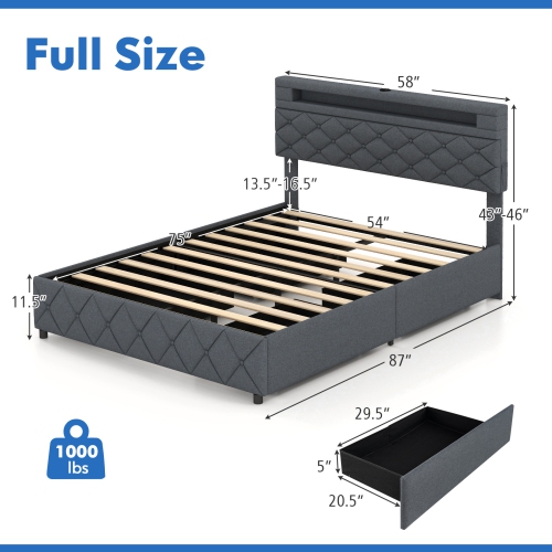 Bed Frame with Storage Headboard and Durable Wooden Slat Mattress Support