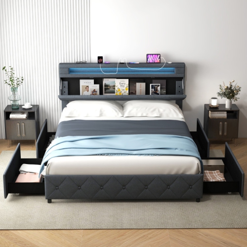 Bed Frame with Storage Headboard and Durable Wooden Slat Mattress Support