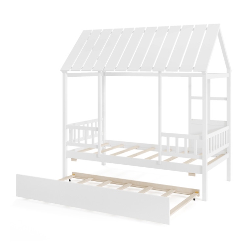 Wooden House Bed with Pull-Out Trundle and Roof Window for Kids
