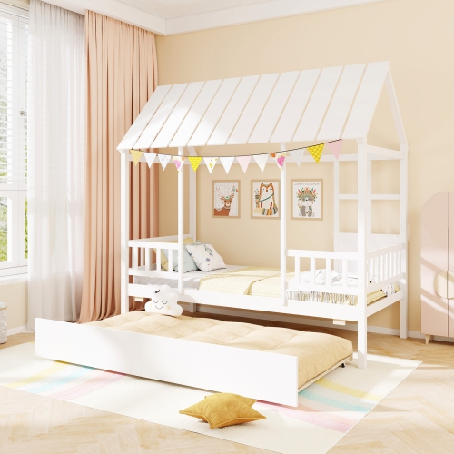 Wooden House Bed with Pull-Out Trundle and Roof Window for Kids