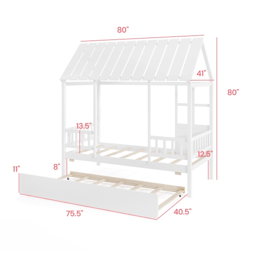 Wooden House Bed with Pull-Out Trundle and Roof Window for Kids