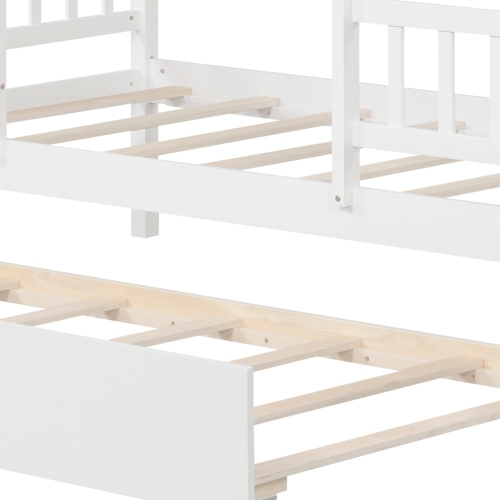 Wooden House Bed with Pull-Out Trundle and Roof Window for Kids