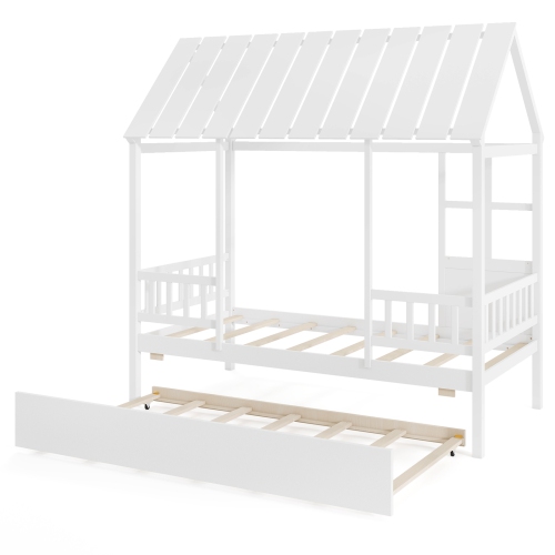 Wooden House Bed with Pull-Out Trundle and Roof Window for Kids