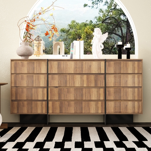 Commode standard à 12 tiroirs Famapy avec fini grain de bois brun – Solution de rangement moderne pour la chambre, le salon ou l'entrée, brun