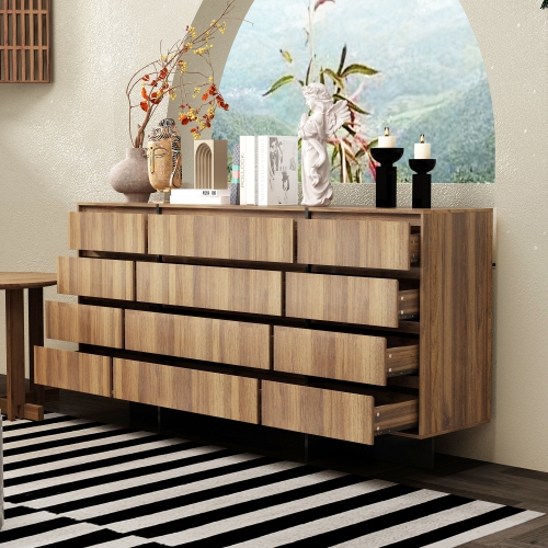 Commode standard à 12 tiroirs Famapy avec fini grain de bois brun – Solution de rangement moderne pour la chambre, le salon ou l'entrée, brun