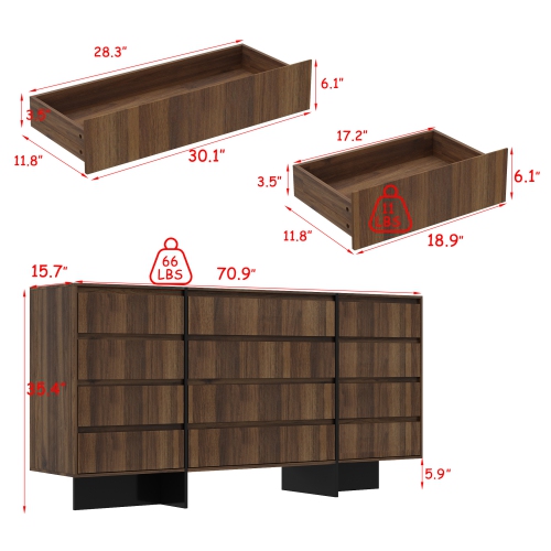 Commode standard à 12 tiroirs Famapy avec fini grain de bois brun – Solution de rangement moderne pour la chambre, le salon ou l'entrée, brun