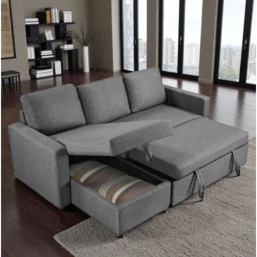 Cosmic Homes Plushen Fabric Upholstered Sectional Sofa Bed With Reversible Storage Chaise - Grey