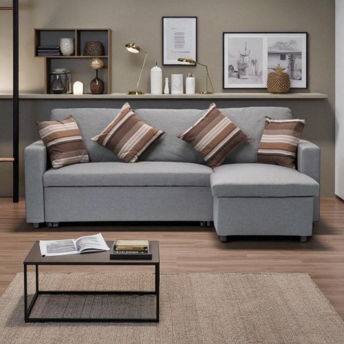 Cosmic Homes Plushen Fabric Upholstered Sectional Sofa Bed With Reversible Storage Chaise - Grey