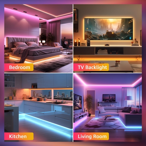 4 Packs LE Smart LED Light Strip Support for 2.4Ghz Wifi, 2.8ft light strips Sync with Music, 5050 LED Lights Strip with Color Changing for Bedroom,