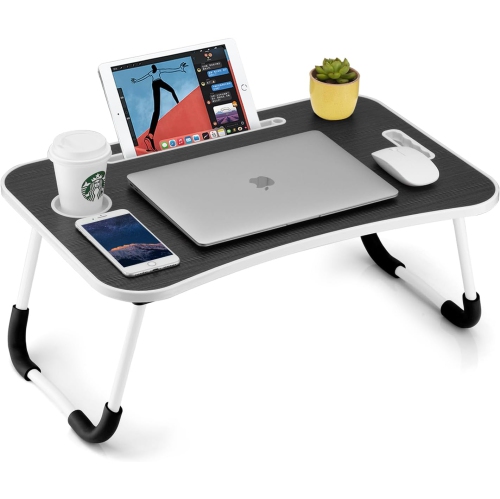 Table pliante pour ordinateur portatif, plateau de table de bureau portatif, support pour portable avec porte-gobelet, fente pour tablette et poignée