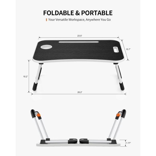 Table pliante pour ordinateur portatif, plateau de table de bureau portatif, support pour portable avec porte-gobelet, fente pour tablette et poignée