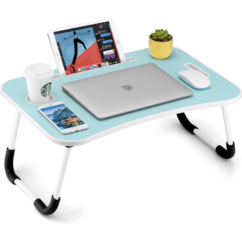 Foldable Laptop Table, Portable Lap Desk Bed Table Tray, Laptop Stand with Cup Holder & Tablet Slot & Lifting Handle for Working Writing Drawing &