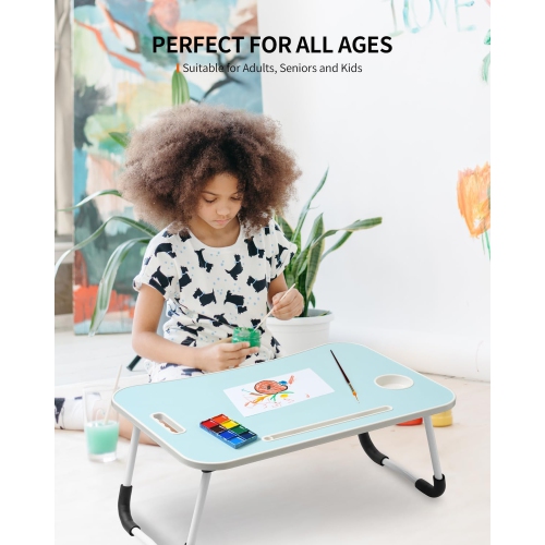 Foldable Laptop Table, Portable Lap Desk Bed Table Tray, Laptop Stand with Cup Holder & Tablet Slot & Lifting Handle for Working Writing Drawing &