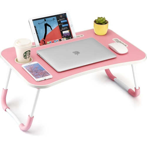 Foldable Laptop Table, Portable Lap Desk Bed Table Tray, Laptop Stand with Cup Holder & Tablet Slot & Lifting Handle for Working Writing Drawing &