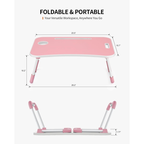 Foldable Laptop Table, Portable Lap Desk Bed Table Tray, Laptop Stand with Cup Holder & Tablet Slot & Lifting Handle for Working Writing Drawing &