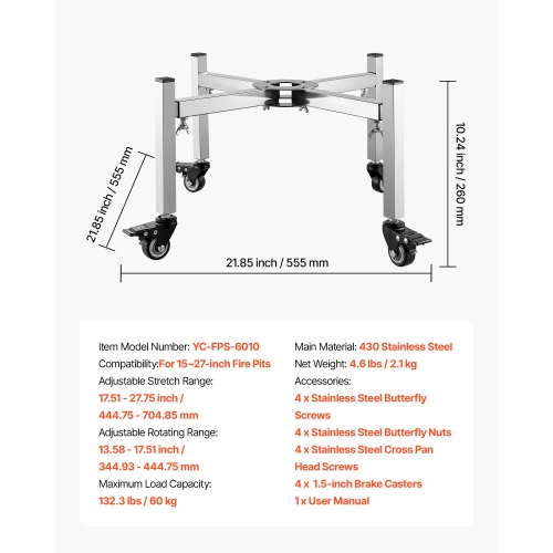 VEVOR 15-27 inch Fire Pit Stand, Adjustable Stretch with 4 Casters, Firepit Stand for Solo Stove Bonfire Ranger Yukon & Other Outside Firepit,