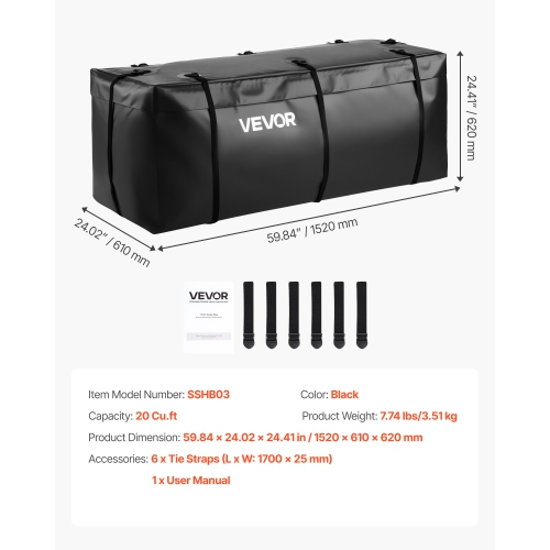 VEVOR 59.84 x 24.02 x 24.41 in Hitch Cargo Carrier Bag, Waterproof 840D PVC, 20 Cubic Feet, Heavy Duty Cargo Bag for Truck Bed Storage with 6