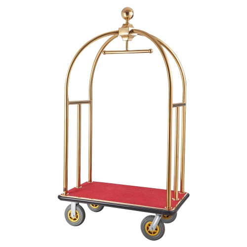VEVOR 1500 LBS Load Hotel Luggage Cart, Brushed Stainless Steel Bellman's Cart Curved Uprights, Valet Cart with Red Carpeted Deck and 8-inch Rubber