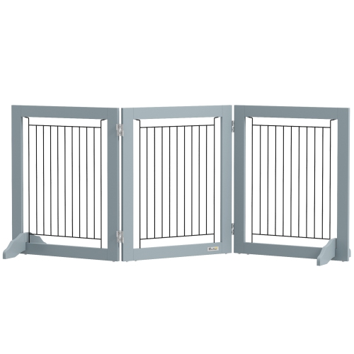 PawHut Freestanding Pet Gate, Folding Dog Gate with 2 Support Feet, 24" High, 3 Panels, for Small Dogs, Puppies, Indoor Use - Grey