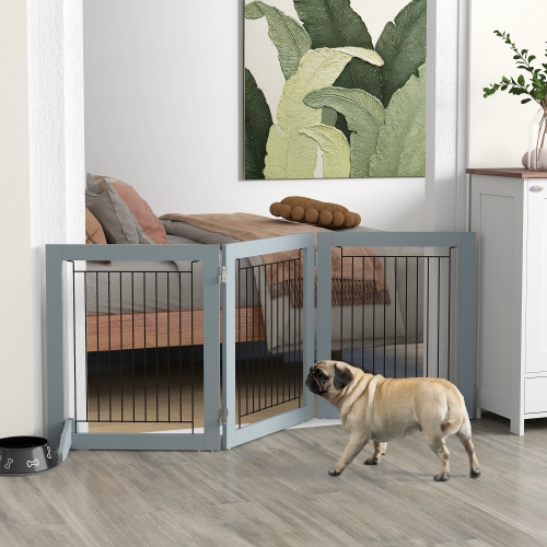 PawHut Freestanding Pet Gate, Folding Dog Gate with 2 Support Feet, 24" High, 3 Panels, for Small Dogs, Puppies, Indoor Use - Grey