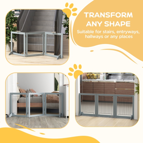 PawHut Freestanding Pet Gate, Folding Dog Gate with 2 Support Feet, 24" High, 3 Panels, for Small Dogs, Puppies, Indoor Use - Grey