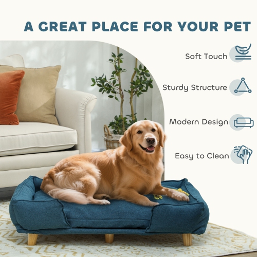 PawHut Pet Sofa, Elevated Dog Couch for Large Dogs, Removable Washable Pet Sofa Cat Bed with Anti-slip Foot Pads, Dark Blue