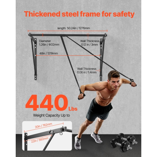 VEVOR 50 in Width Pull Up Bar, Wall Mounted Pull Ups, Adjustable Depth 22" or 30" from Wall, Steel Upper Body Workout Bars, 440 lbs Weight Capacity