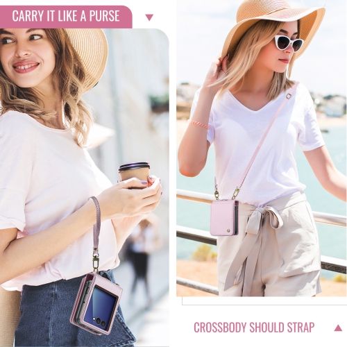 Compatible with the Samsung Z Flip 7 case, SM Z Flip 7 shoulder strap, card holder, and crossbody strap - Pink