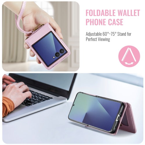 Compatible with the Samsung Z Flip 7 case, SM Z Flip 7 shoulder strap, card holder, and crossbody strap - Pink