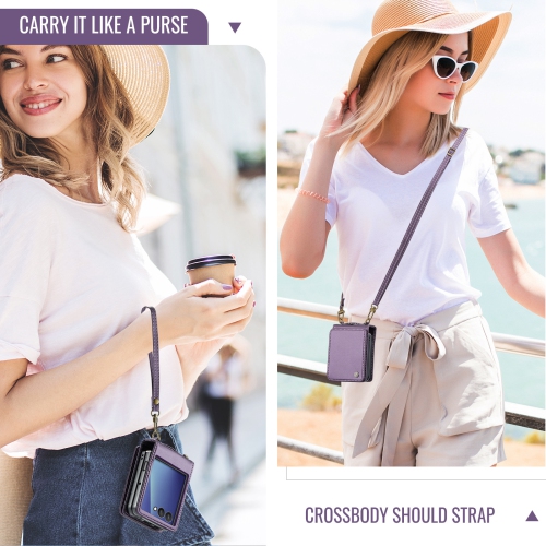 Compatible with the Samsung Z Flip 7 case, SM Z Flip 7 shoulder strap, card holder, and crossbody strap - Purple