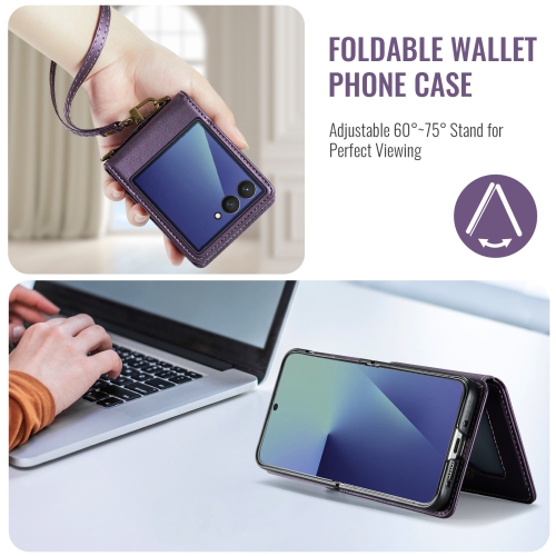 Compatible with the Samsung Z Flip 7 case, SM Z Flip 7 shoulder strap, card holder, and crossbody strap - Purple