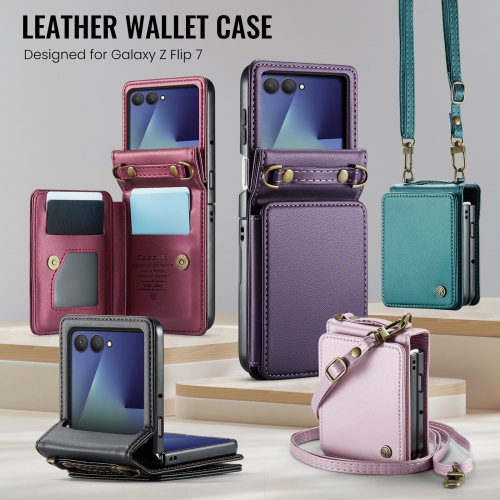 Compatible with the Samsung Z Flip 7 case, SM Z Flip 7 shoulder strap, card holder, and crossbody strap - Purple
