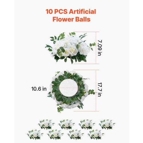 VEVOR 10 PCS Flower Balls Arrangement Bouquet, 17.7-Inch Diameter Artificial Flower Balls Wedding White Roses Centerpieces, Faux Flowers Arrangements