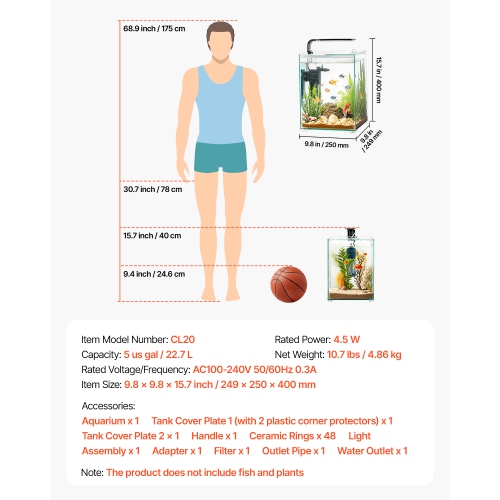 Aquarium VEVOR de 5 gallons pour aquarium, réservoir de démarrage intelligent carré en verre ultra-transparent à éclairage réglable à 3 couleurs,