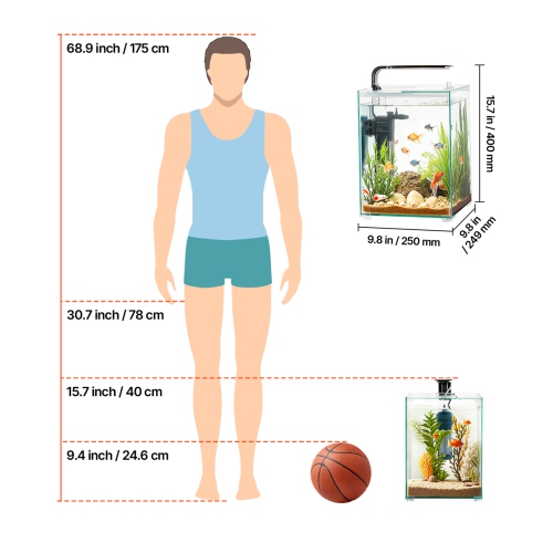 Aquarium VEVOR de 5 gallons pour aquarium, réservoir de démarrage intelligent carré en verre ultra-transparent à éclairage réglable à 3 couleurs,