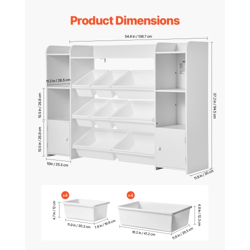VEVOR 4-Tier Kids Toy Storage and Bookshelf, Large Toy Storage Organizer with 8 Flexible Plastic Bins, Kids Cubby Cabinet with Bookshelf for Study