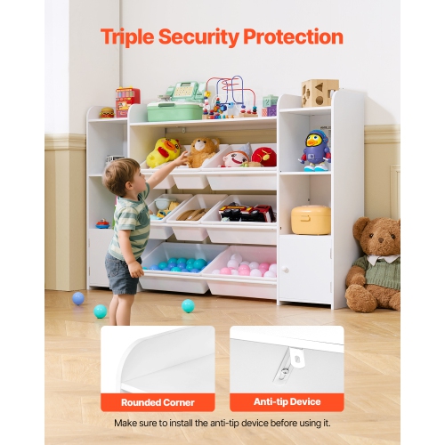 VEVOR 4-Tier Kids Toy Storage and Bookshelf, Large Toy Storage Organizer with 8 Flexible Plastic Bins, Kids Cubby Cabinet with Bookshelf for Study