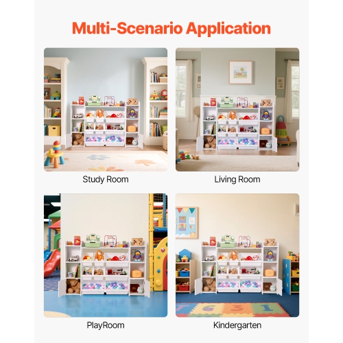 VEVOR 4-Tier Kids Toy Storage and Bookshelf, Large Toy Storage Organizer with 8 Flexible Plastic Bins, Kids Cubby Cabinet with Bookshelf for Study