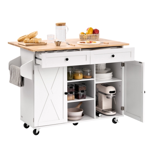 VEVOR 52in Width Kitchen Island Cart, with Solid Wood Top and Storage Cabinet, Mobile Rolling Table with Drop Leaf,Drawers,Spice Towel Rack,Portable
