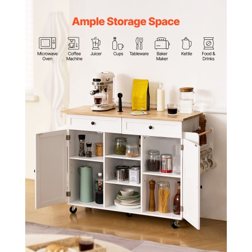 VEVOR 52in Width Kitchen Island Cart, with Solid Wood Top and Storage Cabinet, Mobile Rolling Table with Drop Leaf,Drawers,Spice Towel Rack,Portable