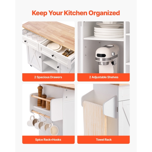 VEVOR 52in Width Kitchen Island Cart, with Solid Wood Top and Storage Cabinet, Mobile Rolling Table with Drop Leaf,Drawers,Spice Towel Rack,Portable