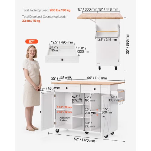 VEVOR 52in Width Kitchen Island Cart, with Solid Wood Top and Storage Cabinet, Mobile Rolling Table with Drop Leaf,Drawers,Spice Towel Rack,Portable