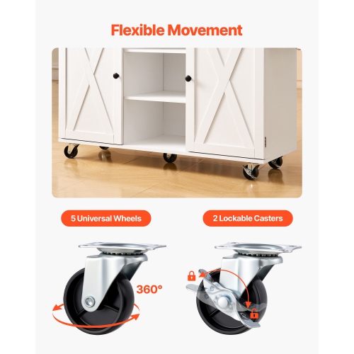 VEVOR 52in Width Kitchen Island Cart, with Solid Wood Top and Storage Cabinet, Mobile Rolling Table with Drop Leaf,Drawers,Spice Towel Rack,Portable