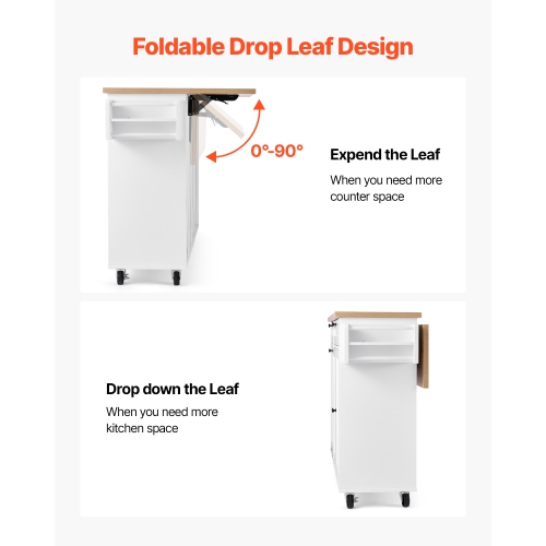 VEVOR 60in Wide Kitchen Island Cart with Storage, Mobile Kitchen Cart with Wheels, Drop Leaf, 2 Drawers, Trash Can Cabinet, Knife Holder, Spice Rack,