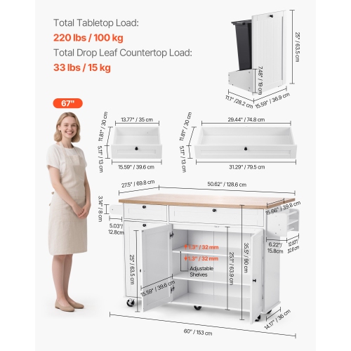 VEVOR 60in Wide Kitchen Island Cart with Storage, Mobile Kitchen Cart with Wheels, Drop Leaf, 2 Drawers, Trash Can Cabinet, Knife Holder, Spice Rack,