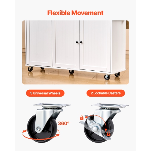 VEVOR 60in Wide Kitchen Island Cart with Storage, Mobile Kitchen Cart with Wheels, Drop Leaf, 2 Drawers, Trash Can Cabinet, Knife Holder, Spice Rack,