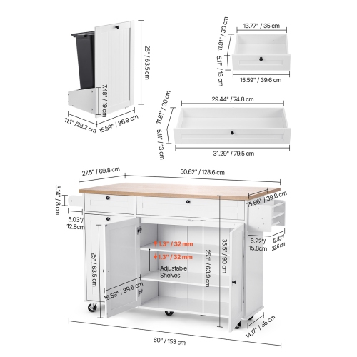 VEVOR 60in Wide Kitchen Island Cart with Storage, Mobile Kitchen Cart with Wheels, Drop Leaf, 2 Drawers, Trash Can Cabinet, Knife Holder, Spice Rack,