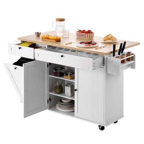 VEVOR 60in Wide Kitchen Island Cart with Storage, Mobile Kitchen Cart with Wheels, Drop Leaf, 2 Drawers, Trash Can Cabinet, Knife Holder, Spice Rack,