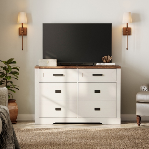 WAMPAT  Farmhouse Tv Stand for Up to 55 Inch Tv, Wooden Dresser \w 6 Drawers, Modern Entertainment Center 47.2" Tv Console Table for Living