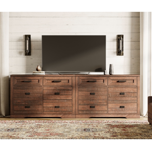 Meuble pour téléviseur de 100&nbsp;po et plus de WAMPAT Farmhouse, commode en bois 2-en-1 avec 6 tiroirs, meuble de divertissement moderne pour